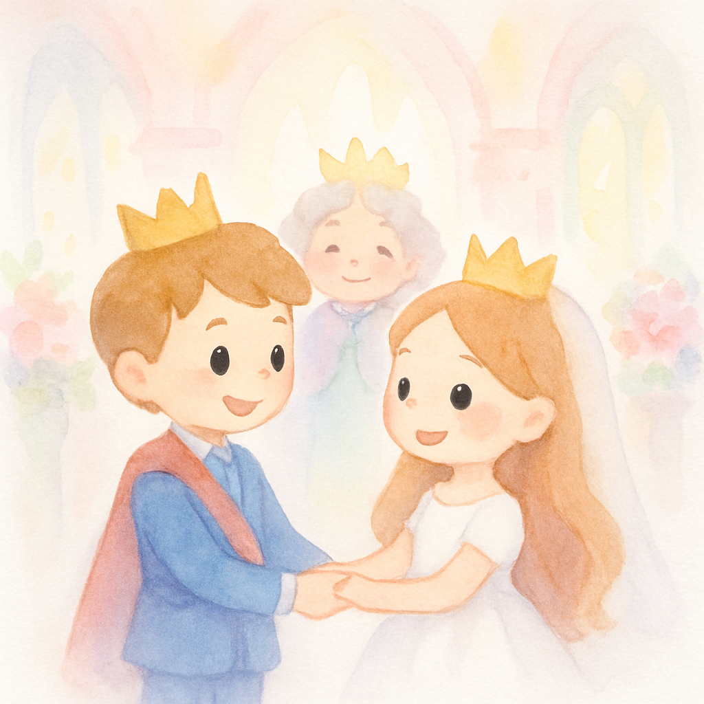 왕자와 공주가 결혼식을 올리고 행복하게 웃는 장면